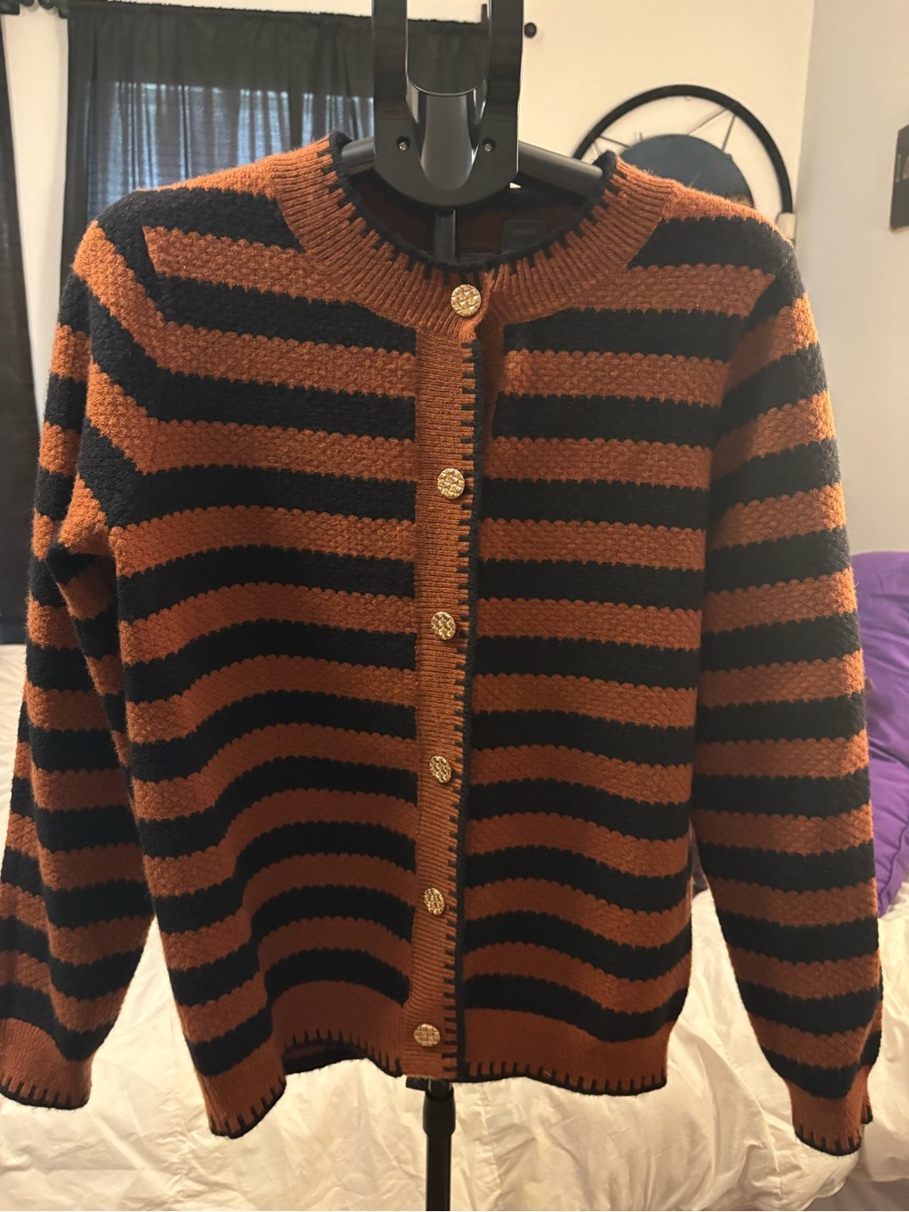 Striped Crewneck Cardigan Sweater — Black and Rust